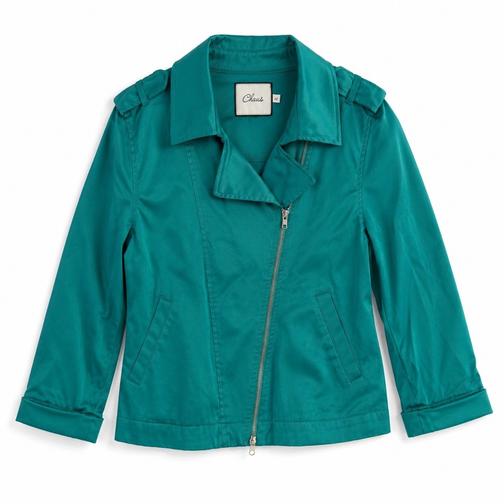 Retro Y2K Chaus Cotton Motorcycle Biker Jacket Blazer Teal Aqua Blue Green sz 12